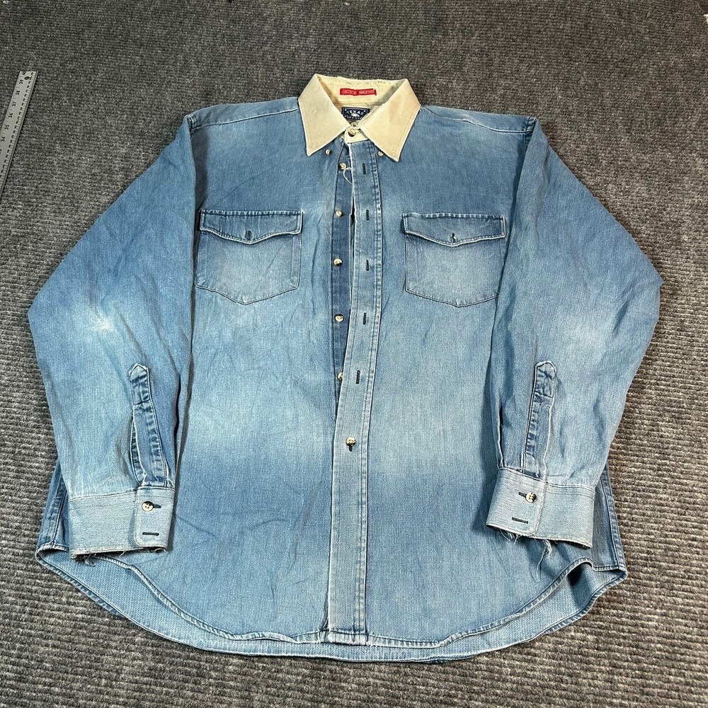 Vtg Texas Cotton Denim Shirt Mens XL Blue Fair Distressed Contrast Collar USA